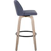 Toriano Bar Stool in White Washed Wood & Blue Fabric with Black Footrest (Set of 2)